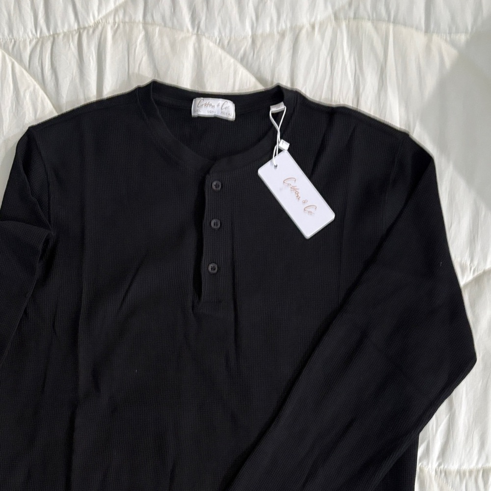 Black Waffle Long-Sleeve Henley